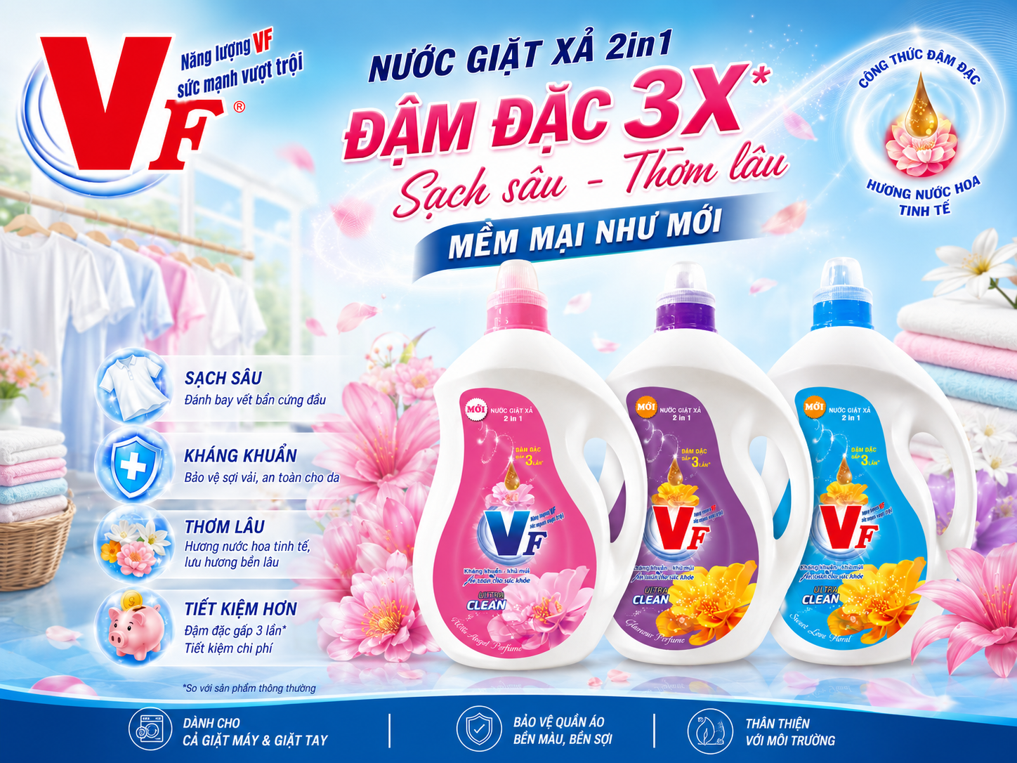 Nước Giặt Xả VF 2in1 Đậm Đặc 3X – Giải Pháp Giặt Giũ Hiệu Quả Cho Mọi Gia Đình